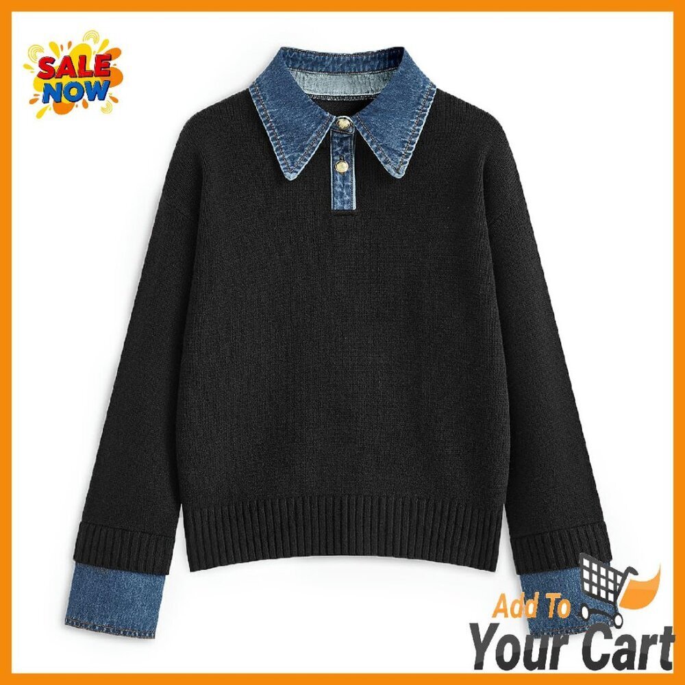 Oversized Denim Polo Sweater Pullover Long Sleeve Tunic Fall Winter